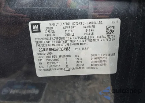 2015 Chevrolet Equinox 1Lt z USA, uszkodzony, nr VIN 2GNALBEK5F6334968